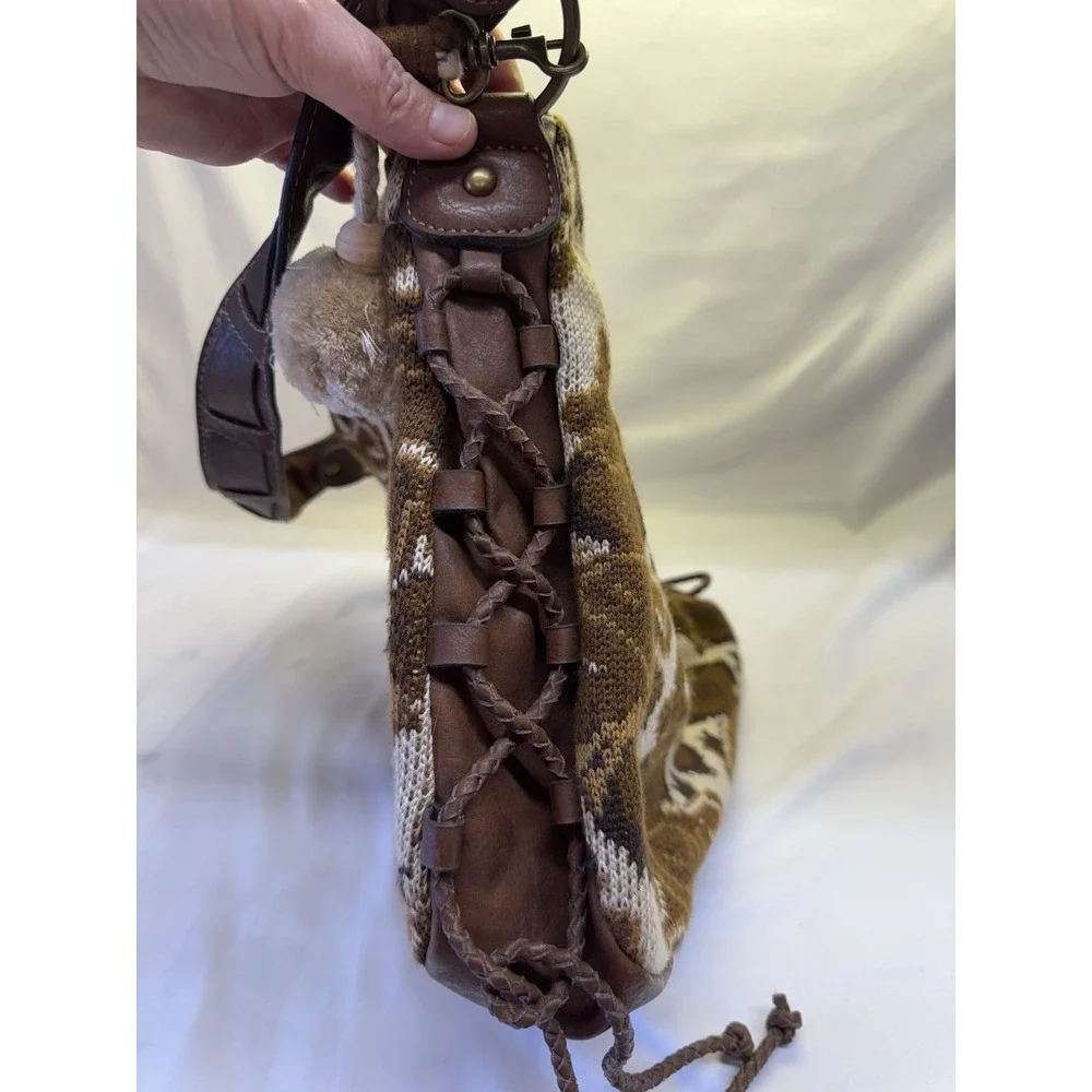 Vintage Tapestry &Faux Leather Purse Shoulder Handbag Tan & Brown By Stamp 10